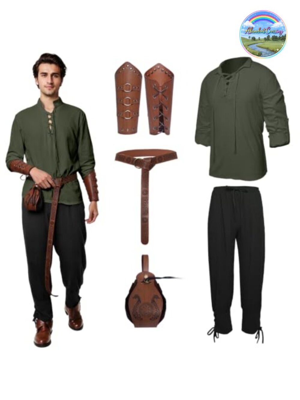 Men's Medieval Renaissance Pirate Costume Set 5pc Faux Leather Accessories